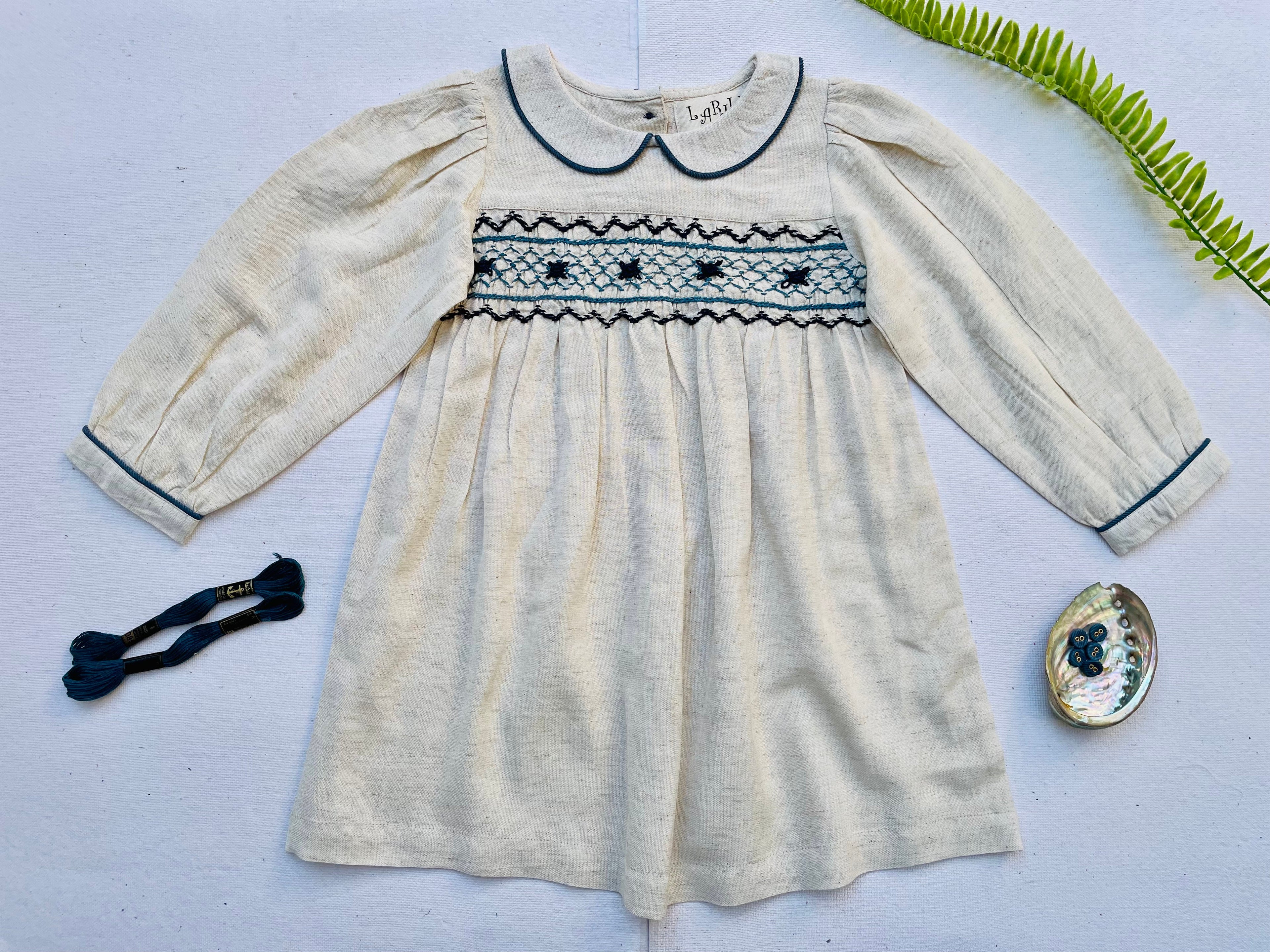 Natural Linen Blend Hand Smocked Girl's Dress