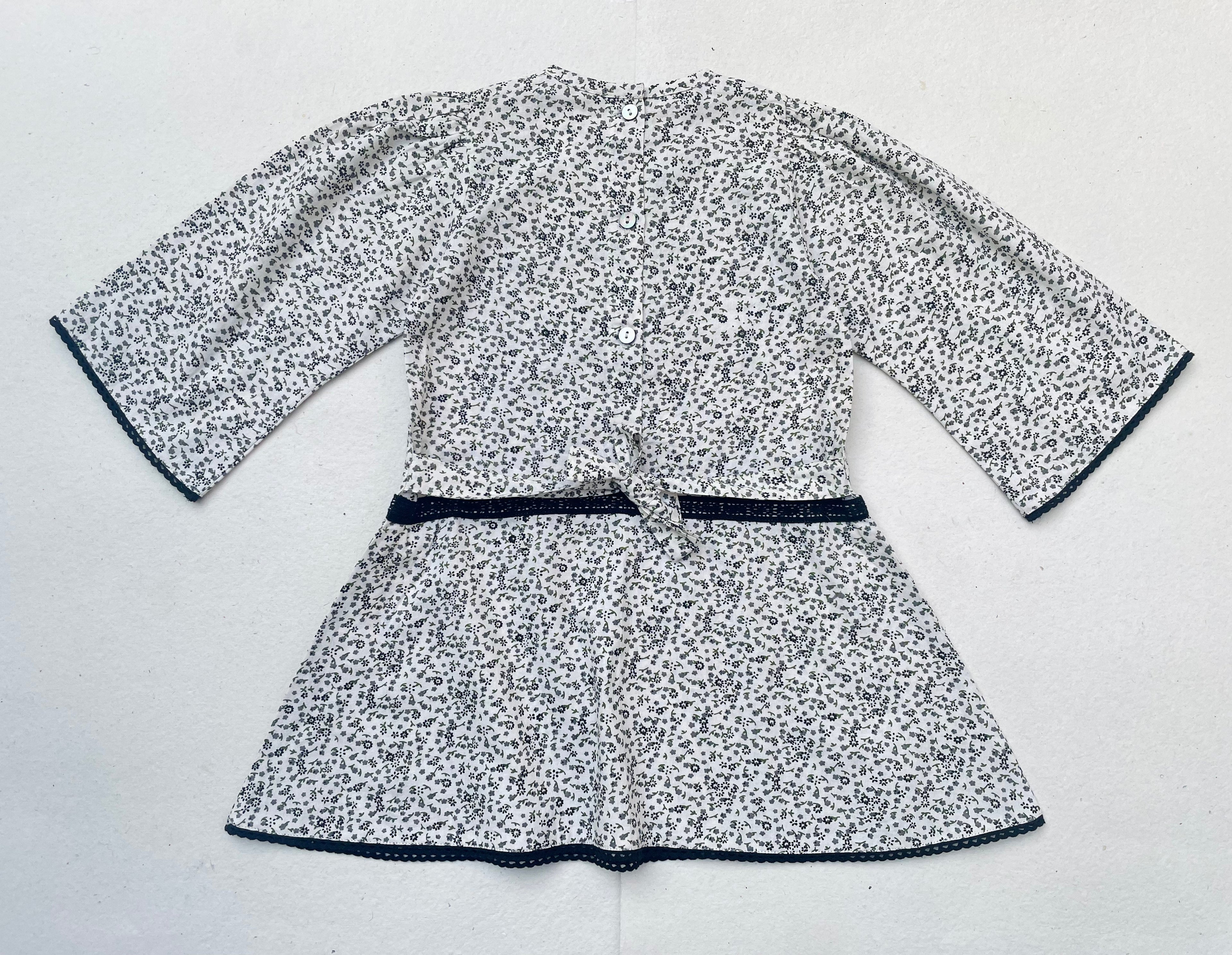 Lace Yoke Off-White & Grey Printed Dress