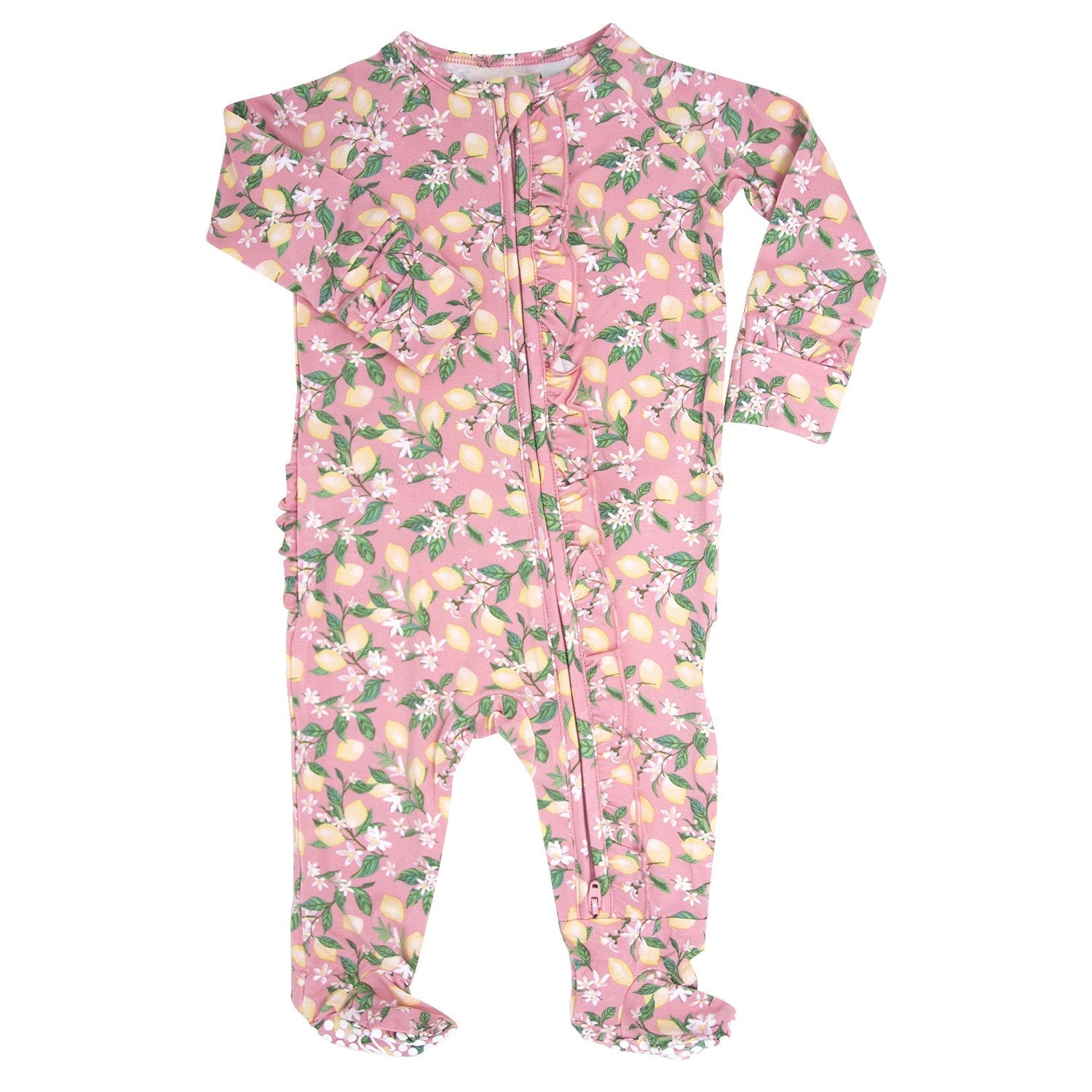 Pink Lemon Floral Print Ruffle Footie